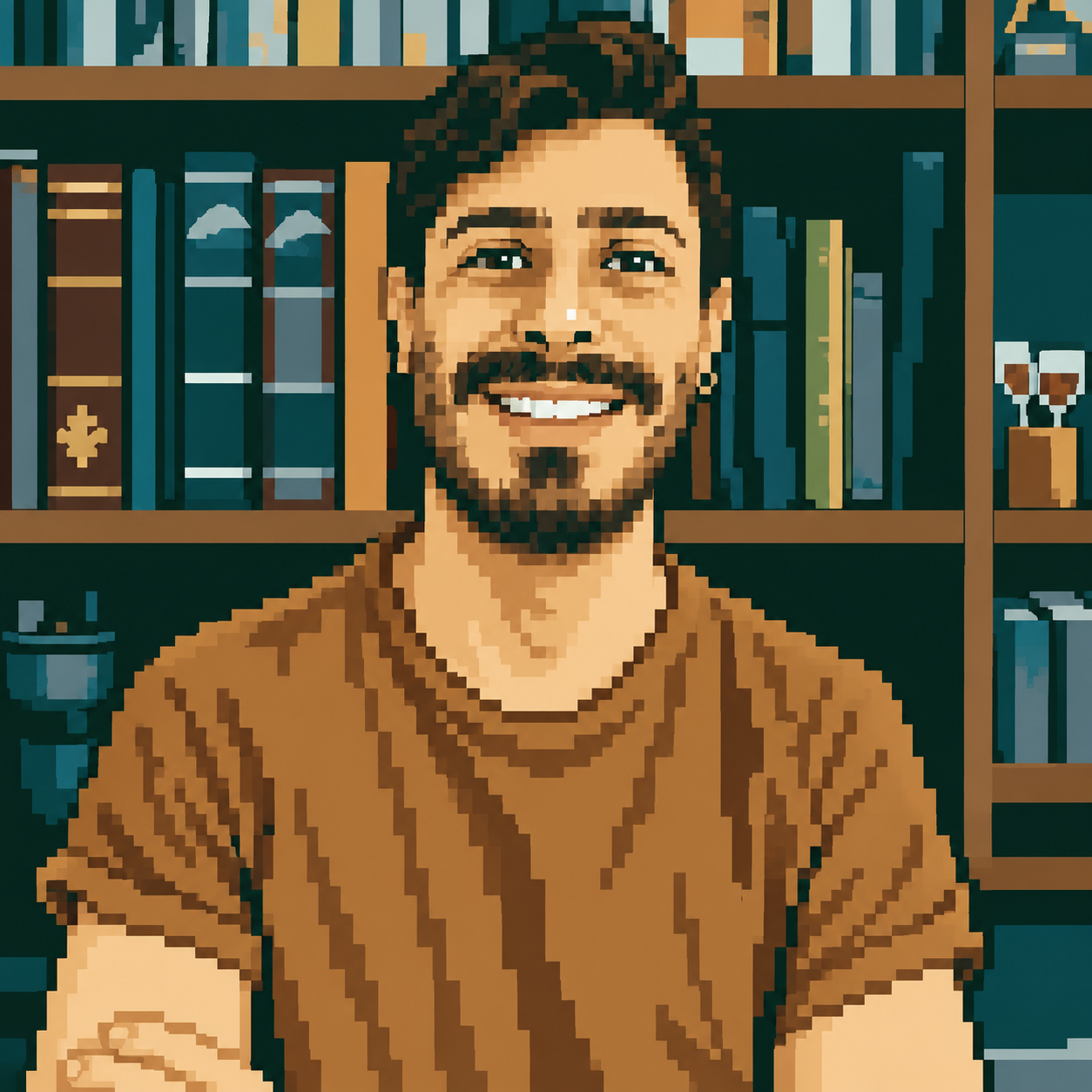Pixel-art portrait of Andrés Felipe Celis Gómez, smiling in front of a bookshelf